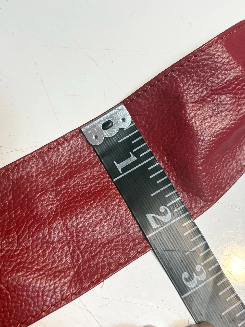 Chico's red leather stretch belt large, ornate silver statement buckle